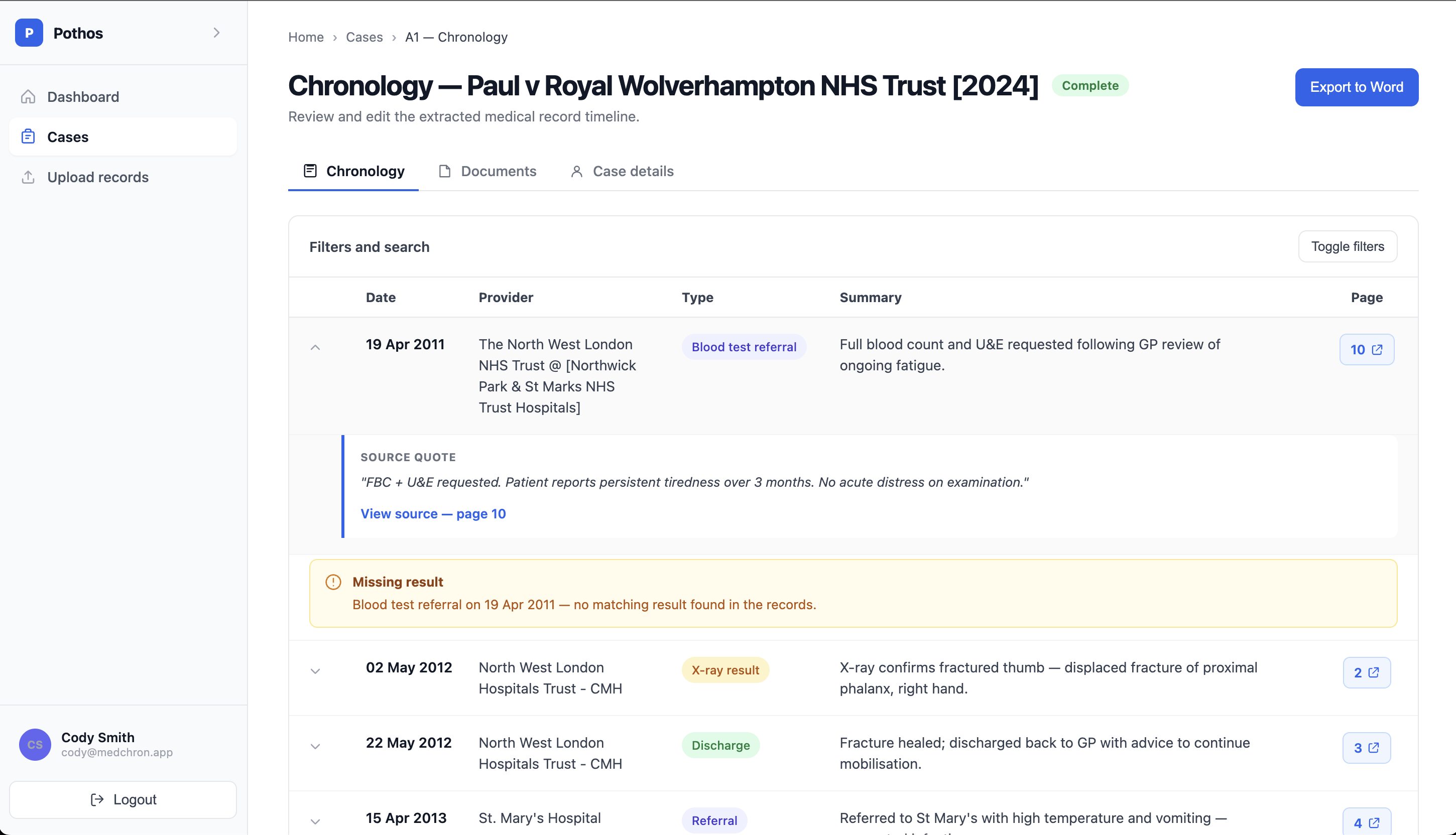 GoPothos medical chronology workspace showing page-cited clinical events